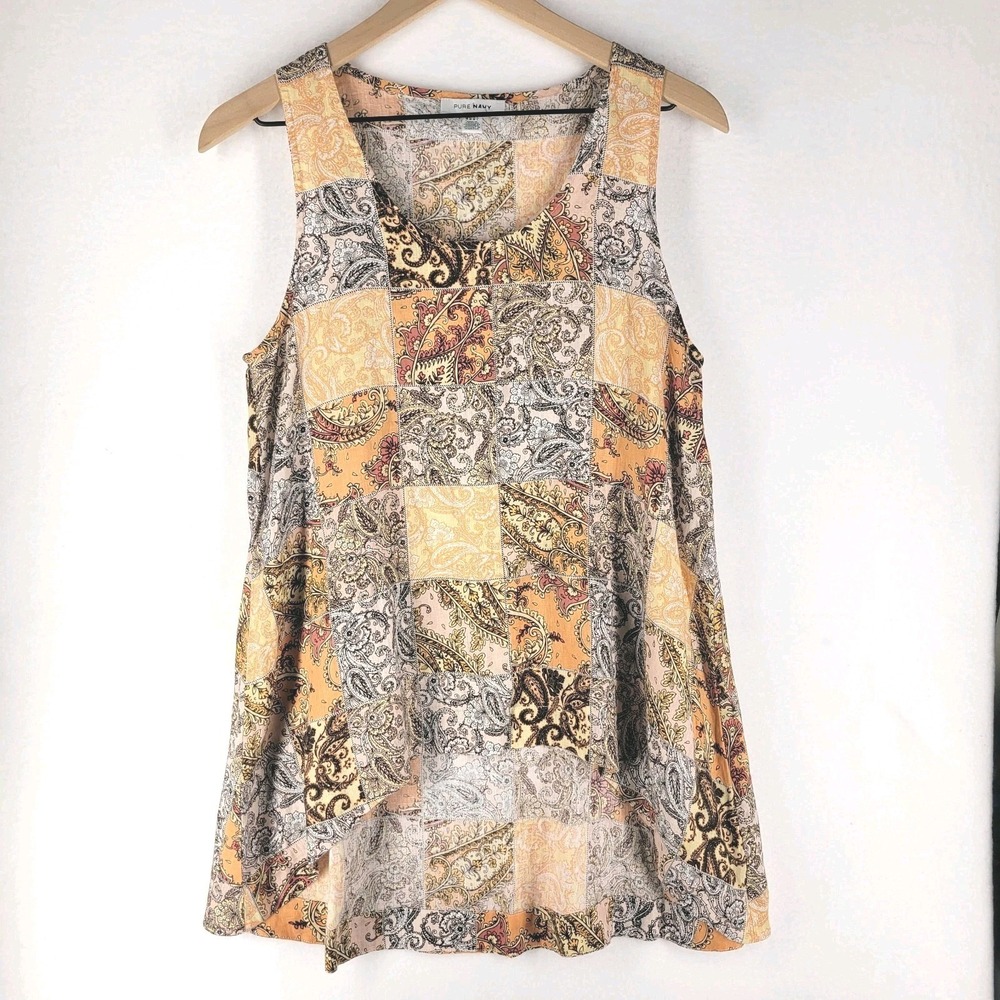 PURE NAVY Linen Patchwork Paisley Tank Top M Earth Tones Boho‎ Cottagecore
